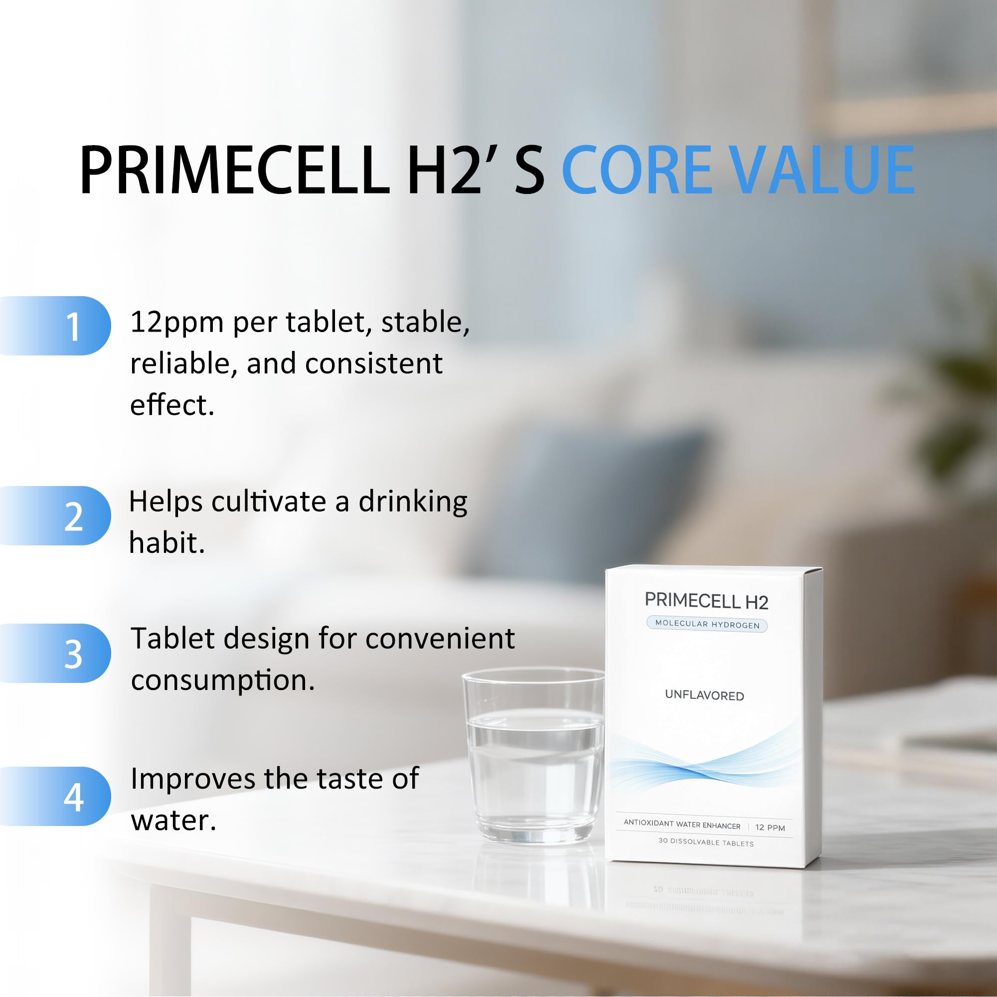 Qoenba PrimeCell H2 tableta efervesciendo en vaso para una hidratación rápida