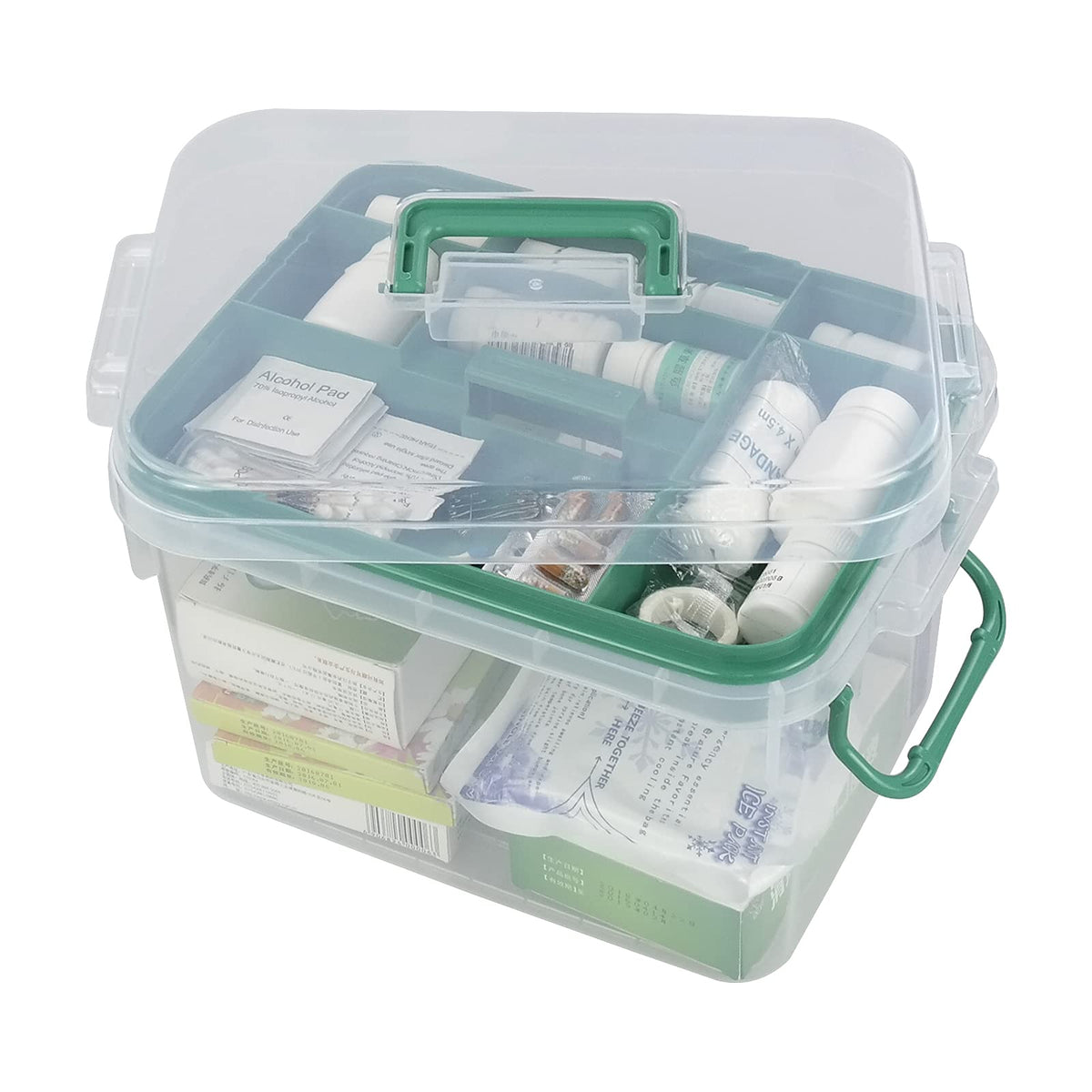Qskely vista frontal de la caja transparente con asa para localizar medicinas rápidamente