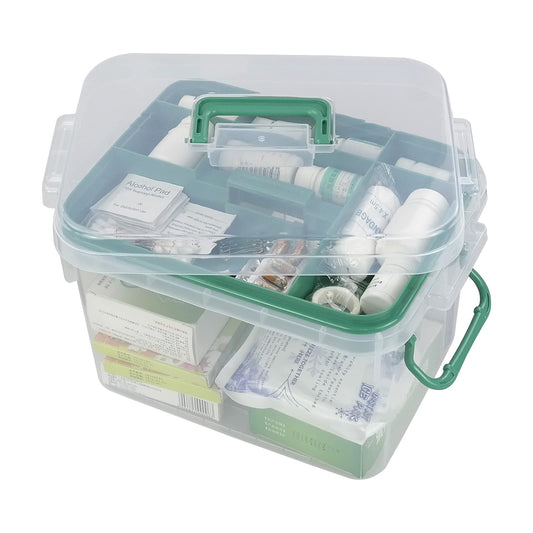 Qskely vista frontal de la caja transparente con asa para localizar medicinas rápidamente
