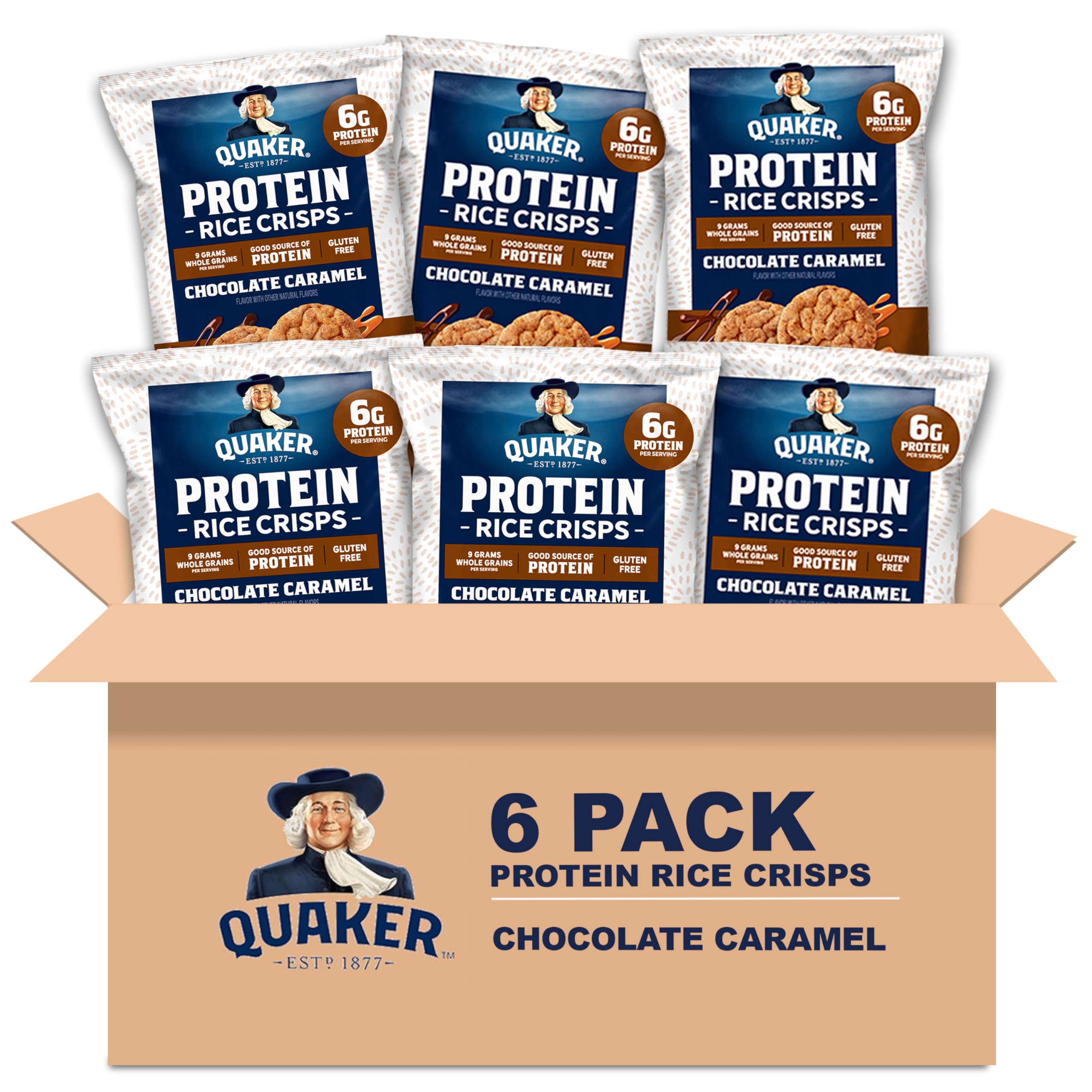 Quaker frontal del empaque mostrando sabor chocolate caramelo y beneficios