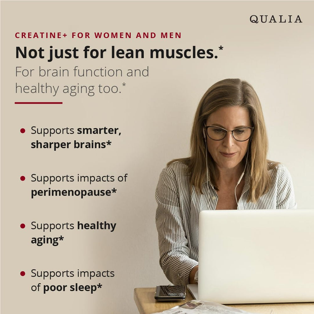 Qualia Creatine comparación de tamaño del envase mostrando dosis y duración