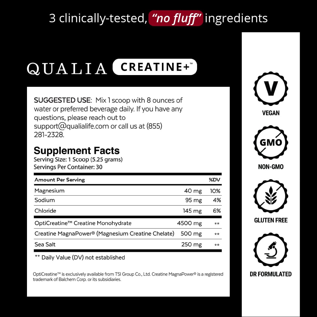 Qualia Creatine etiqueta de ingredientes con marcas clínicas y pureza verificada