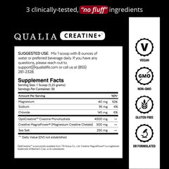 Qualia Creatine etiqueta de ingredientes con marcas clínicas y pureza verificada