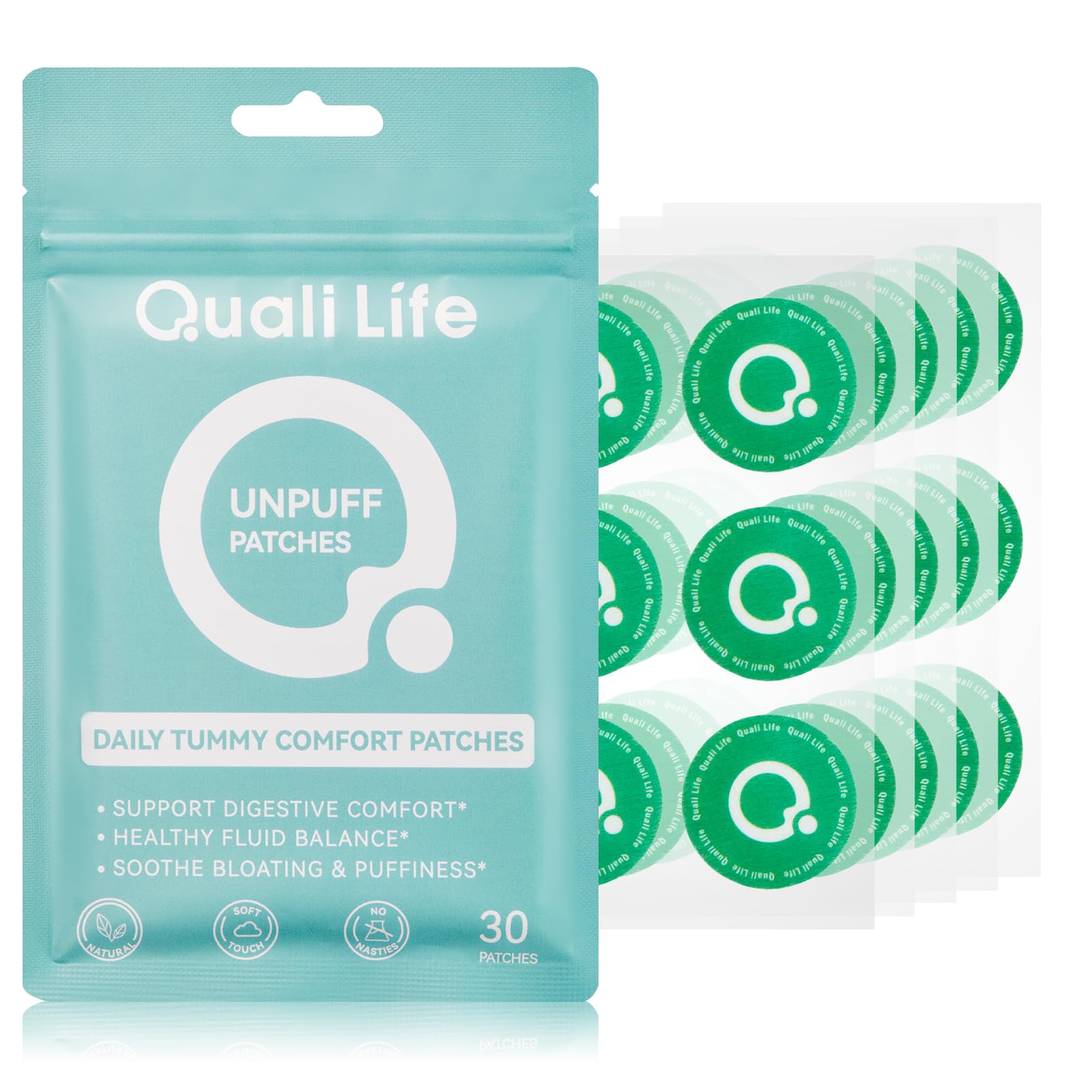 QualiLife paquete de Unpuff Patches mostrando diseño y cantidad útil