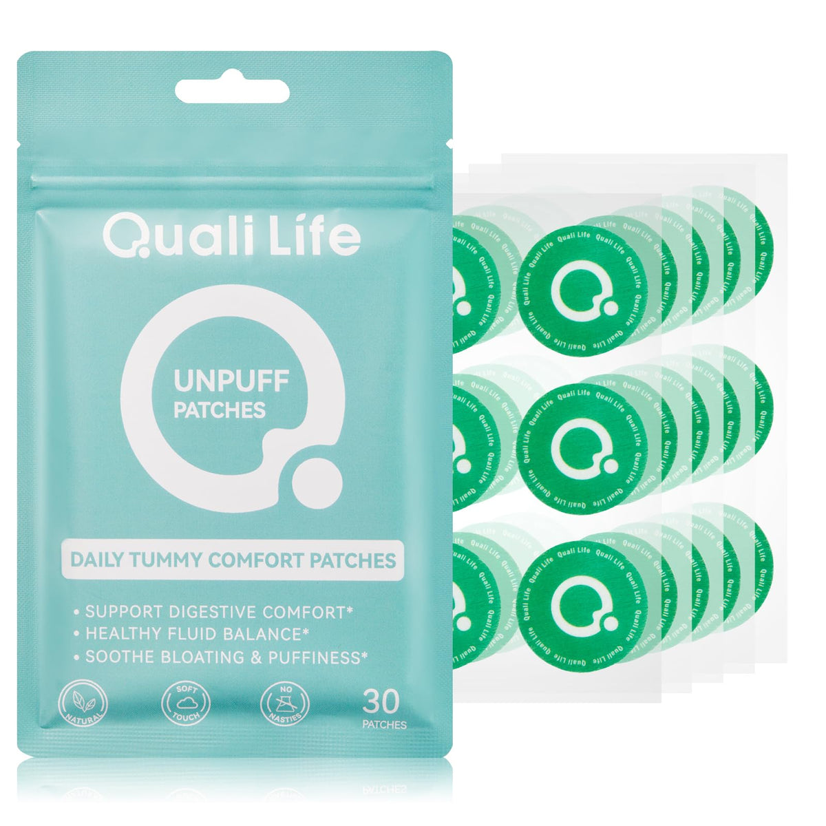 QualiLife paquete de Unpuff Patches mostrando diseño y cantidad útil