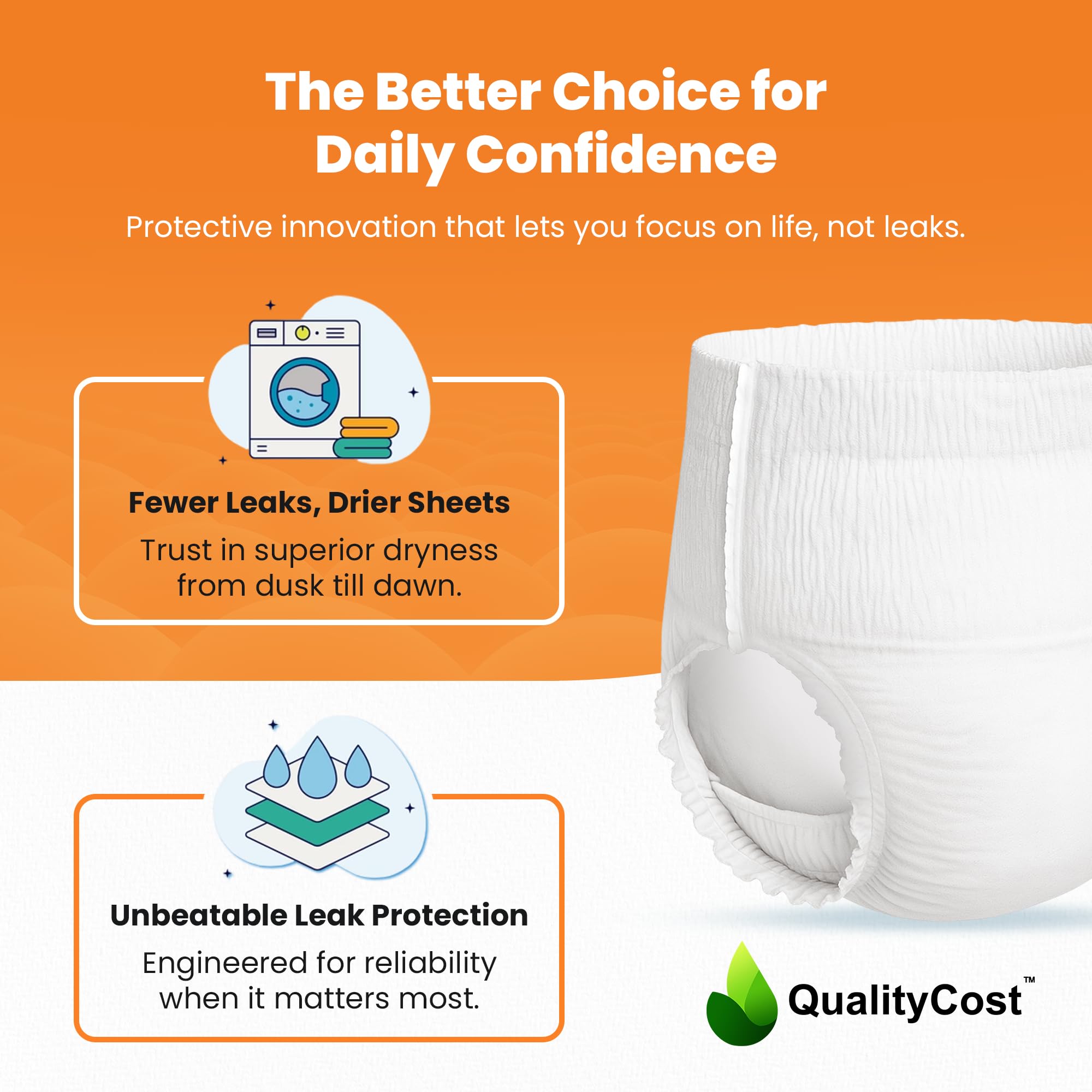 QUALITYCOST pañal colocado en maniquí mostrando ajuste lateral y protección contra fugas