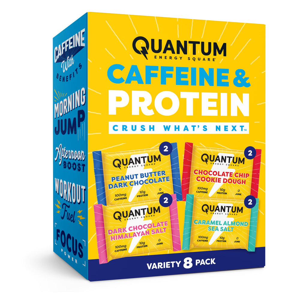 Quantum Energy Squares empaque frontal mostrando 8 unidades y conveniencia