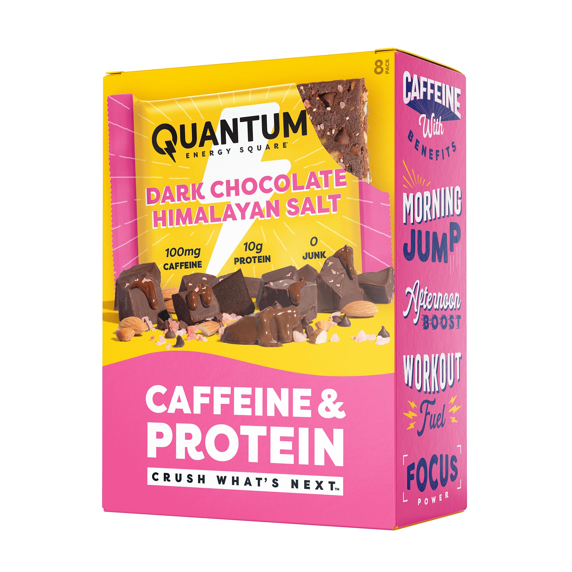 Quantum Energy Squares empaque frontal mostrando sabor y beneficios