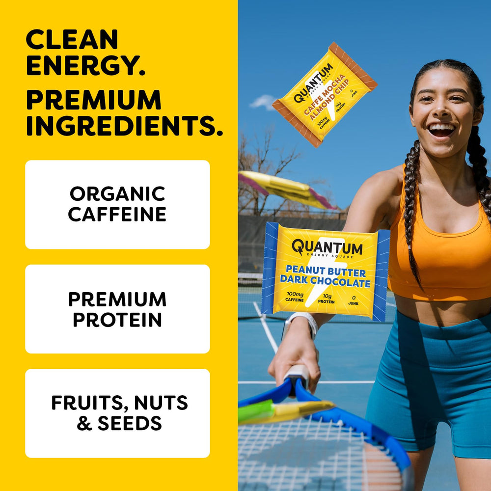 Quantum Energy Squares etiqueta nutricional destacando 100 mg cafeína y 10 g proteína