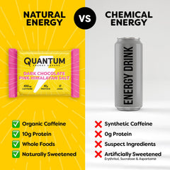 Quantum Energy Squares etiqueta nutricional clara con cafeína y proteínas