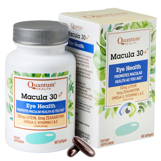 Quantum Macula 30+ – botella de cápsulas que apoya la salud de la mácula.