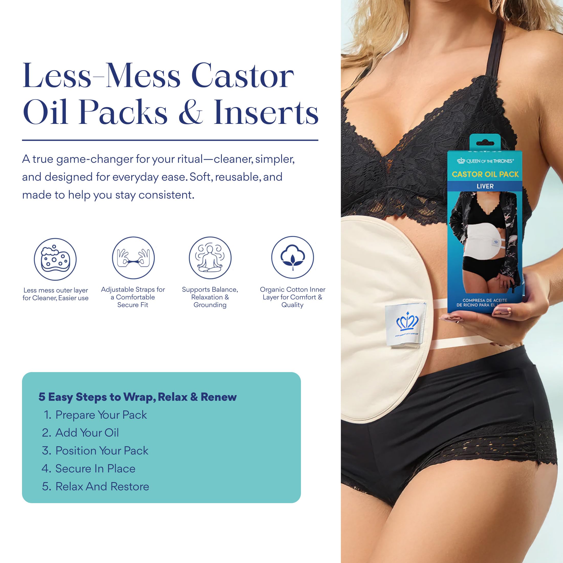 QUEEN OF THE THRONES pack en uso sobre abdomen relajado, permite movimiento ligero