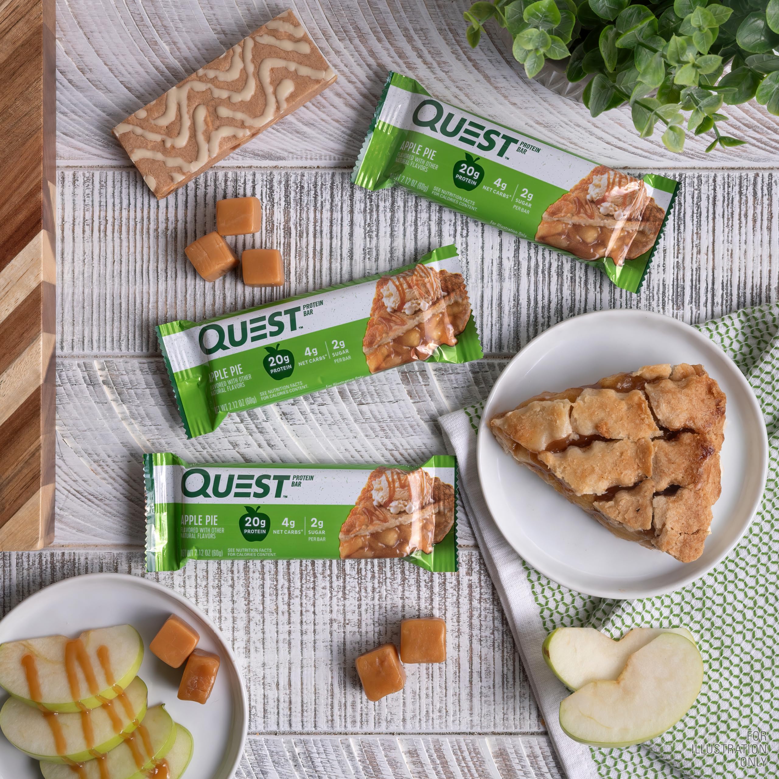 Quest Apple Pie barra junto a una regla para comparar tamaño y porción