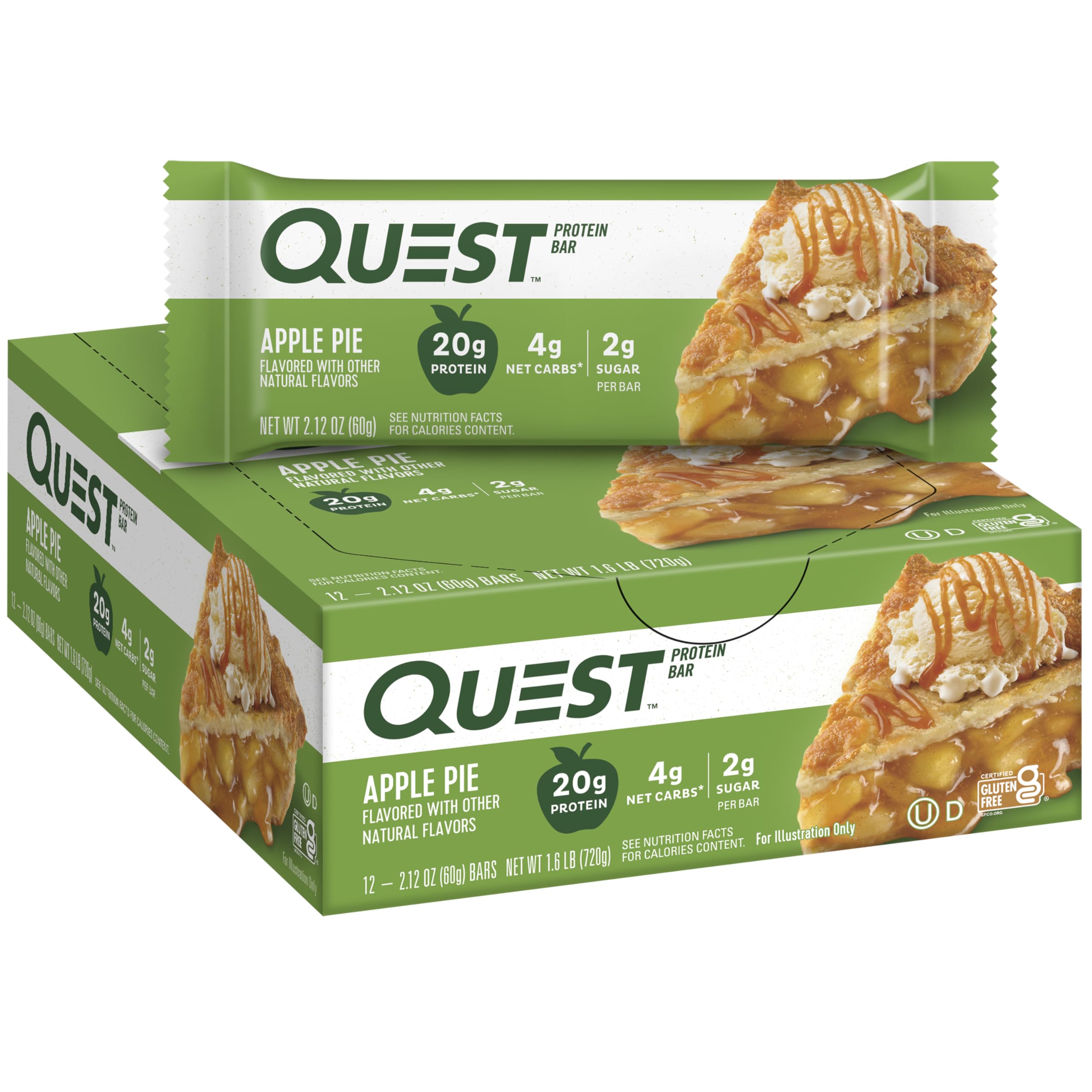 Quest Apple Pie frontal del empaque mostrando caja de 12 barras y beneficios