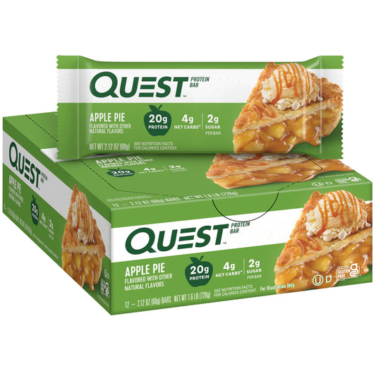 Quest Apple Pie frontal del empaque mostrando caja de 12 barras y beneficios