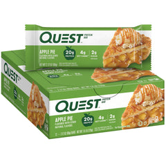 Quest Apple Pie frontal del empaque mostrando caja de 12 barras y beneficios