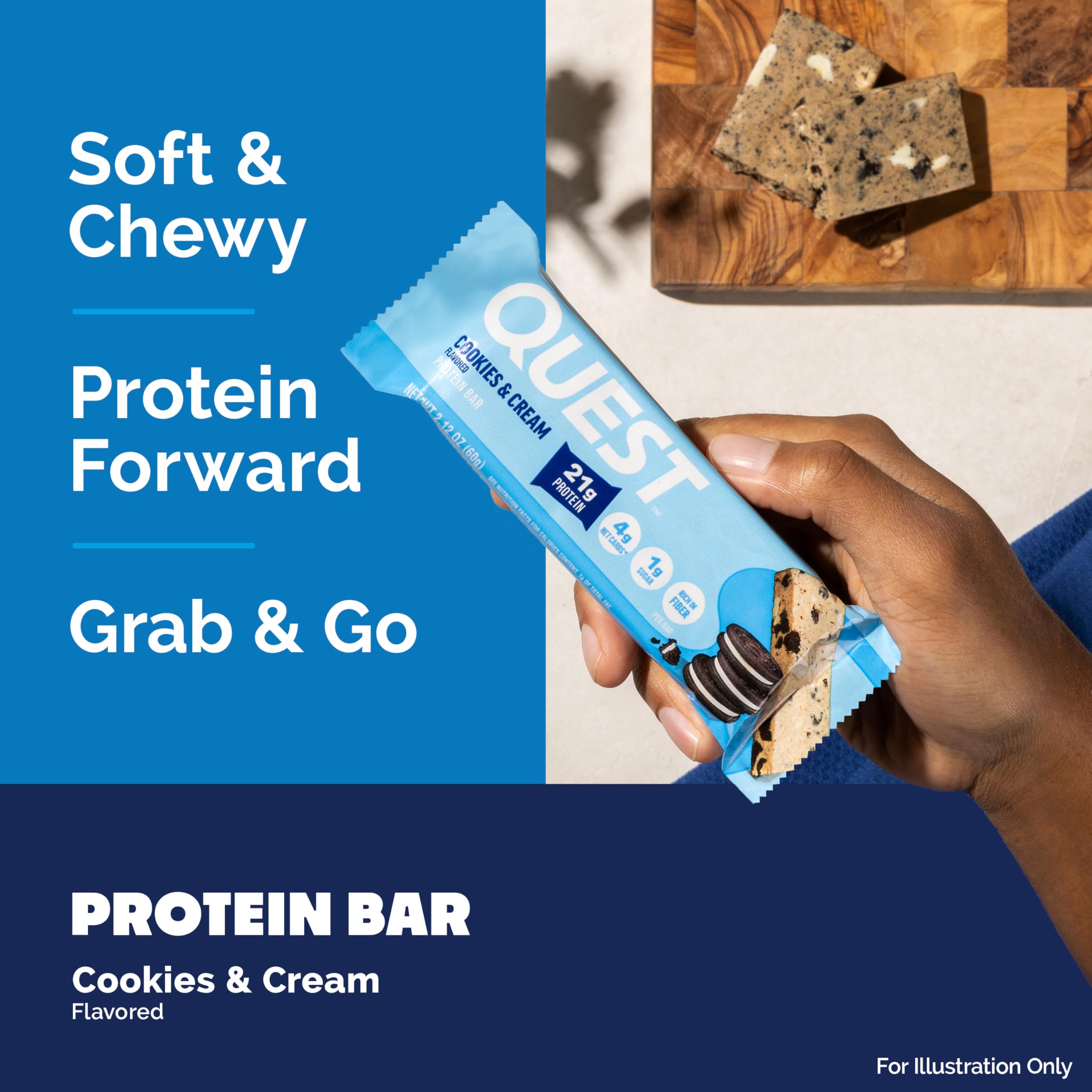 Barra Quest en mano para escala y conveniencia como snack práctico