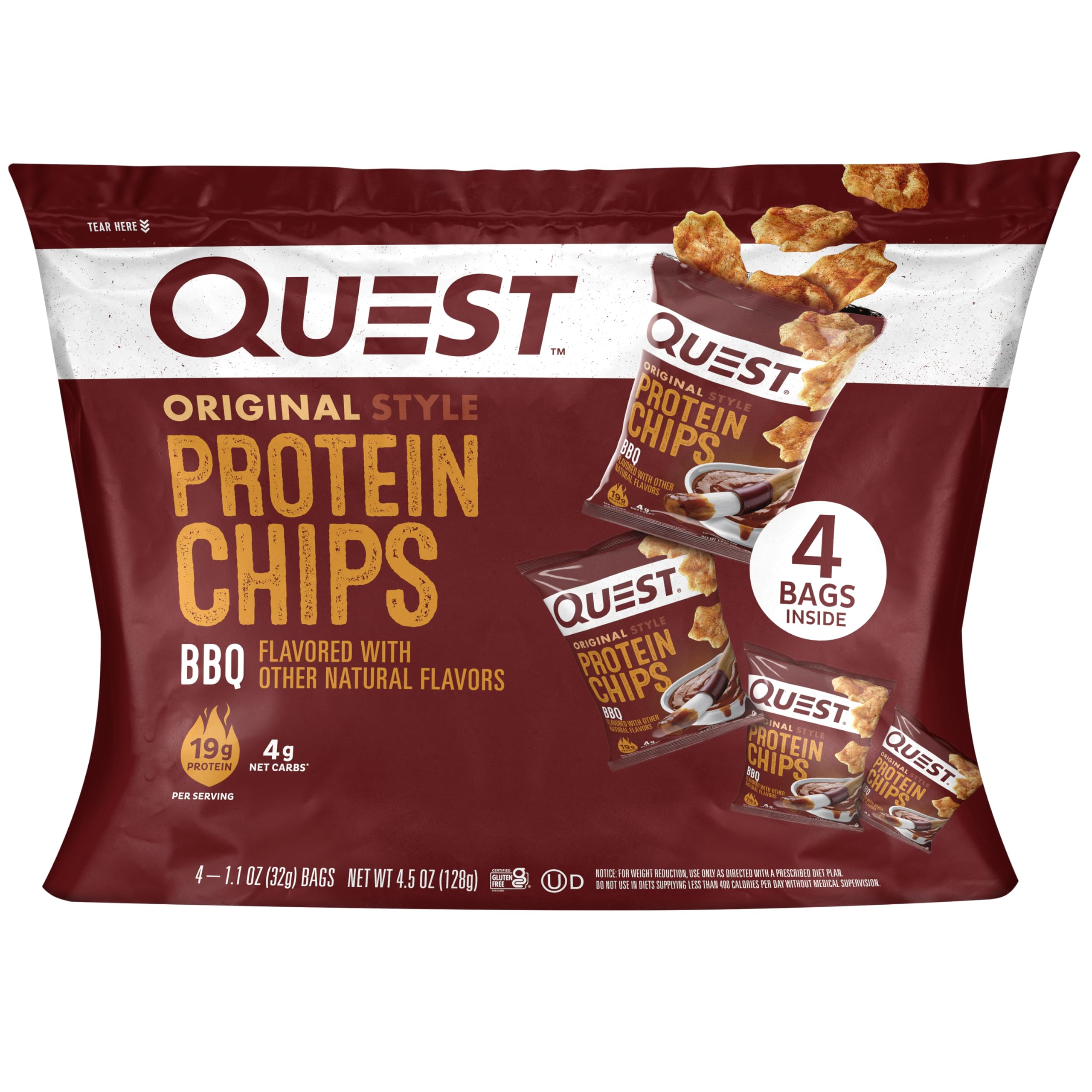 Quest chips BBQ frente del empaque mostrando porción individual y conveniencia