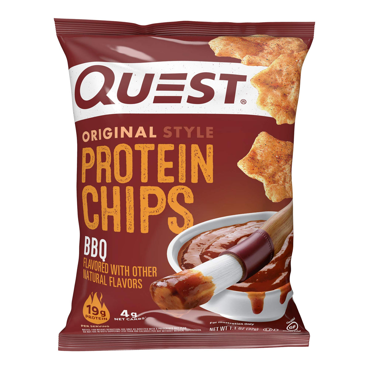 Quest empaque frontal mostrando diseño y sabor BBQ, práctico portabilidad