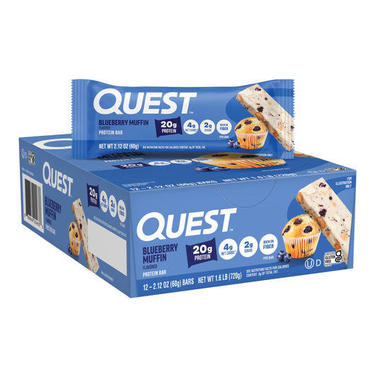 Quest empaque frontal mostrando caja de 12 barras, práctico y saciante