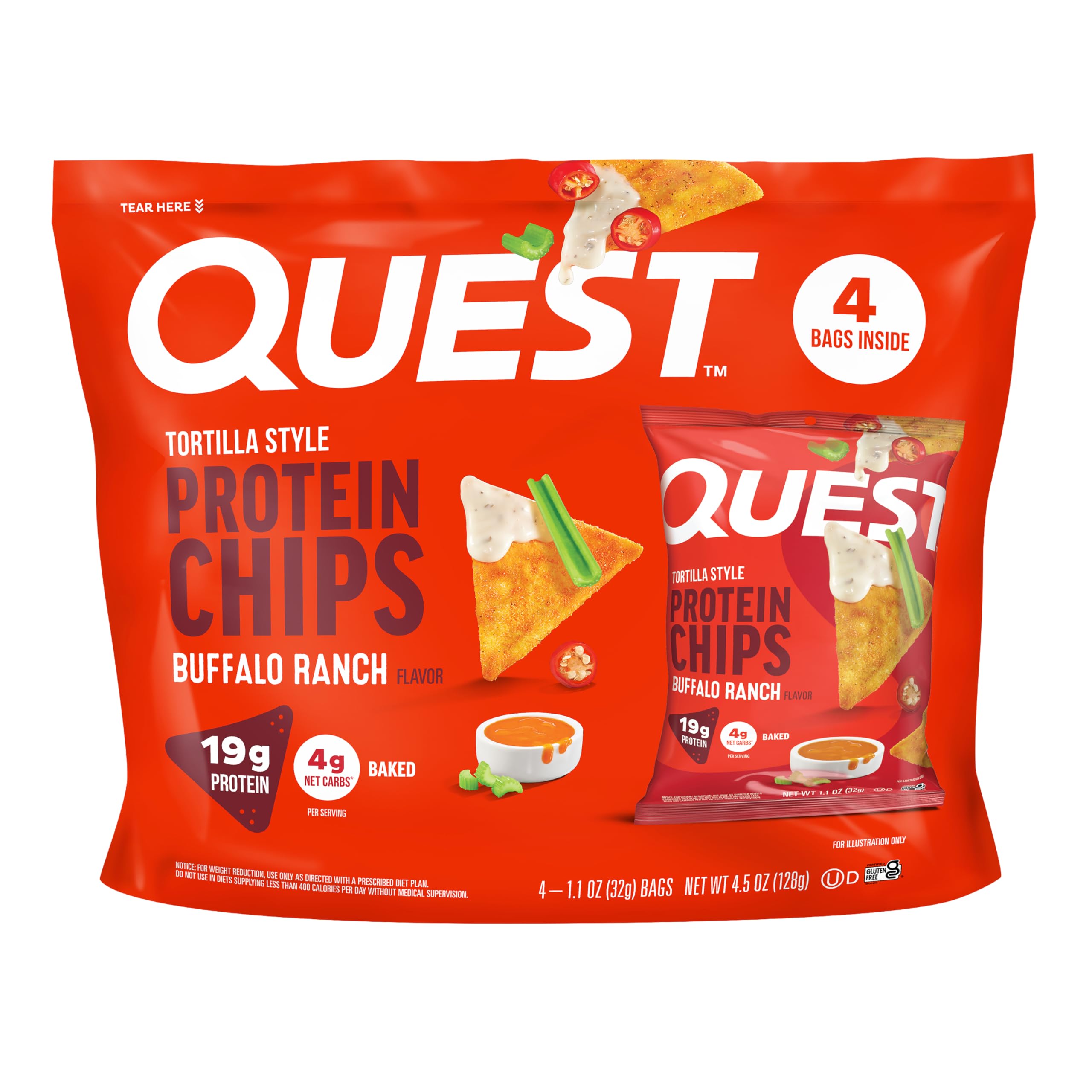 Quest empaque frontal mostrando sabor buffalo ranch y beneficios proteicos