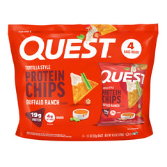 Quest empaque frontal mostrando sabor buffalo ranch y beneficios proteicos