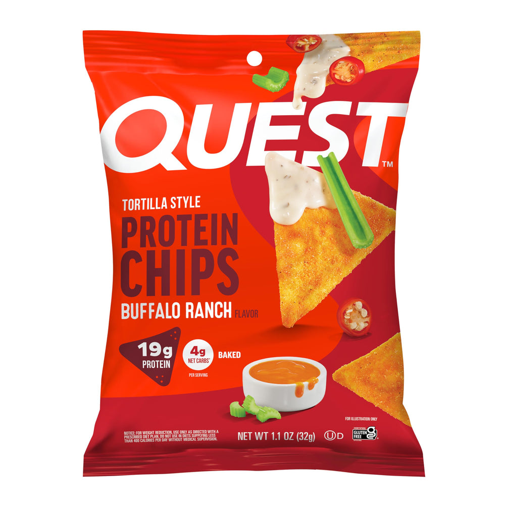 Quest paquete frontal mostrando sabor Buffalo Ranch y conveniencia