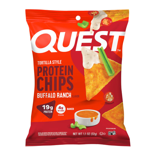 Quest paquete frontal mostrando sabor Buffalo Ranch y conveniencia
