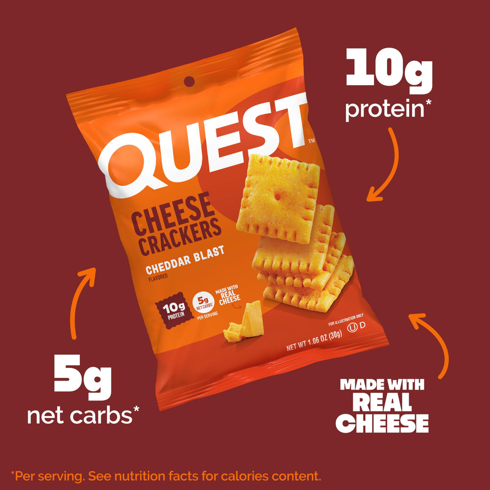 Quest detalle del queso real en galletas, sabor intenso y natural