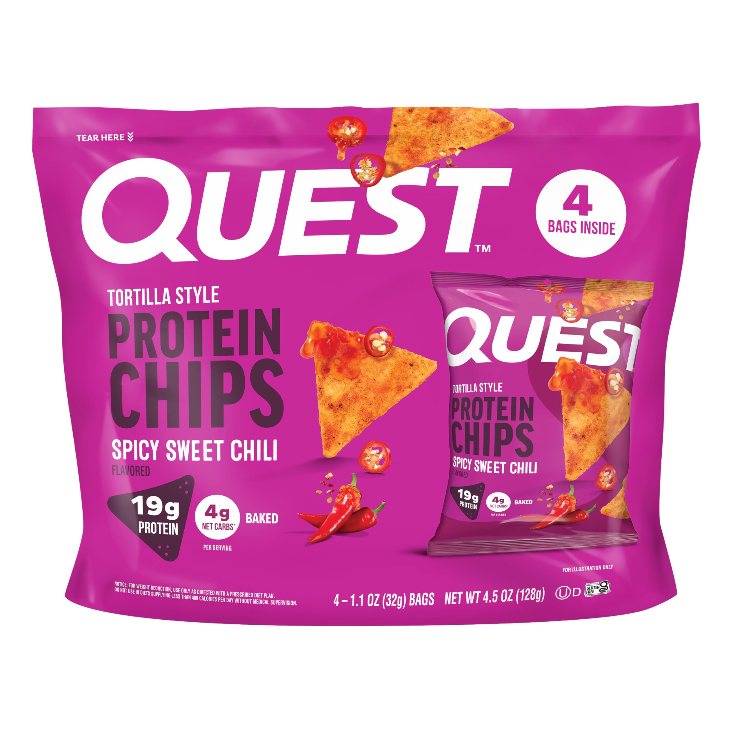 Quest empaque frontal mostrando sabor spicy sweet chili y conveniencia
