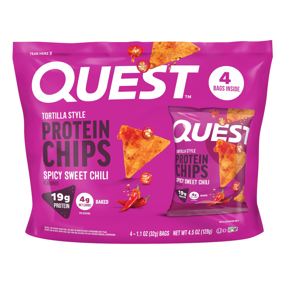 Quest empaque frontal mostrando sabor spicy sweet chili y conveniencia