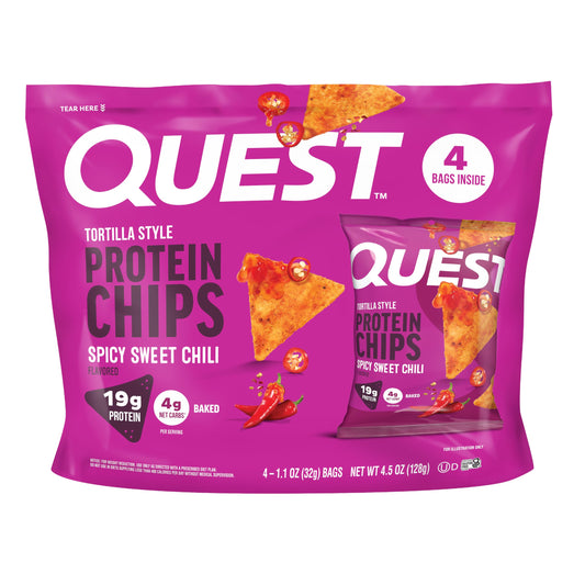 Quest empaque frontal mostrando sabor spicy sweet chili y conveniencia