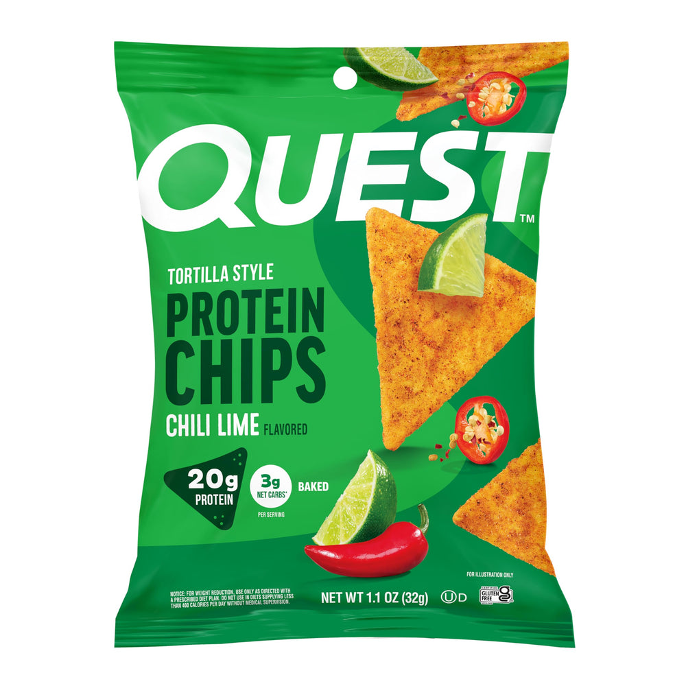 Quest empaque frontal mostrando caja de 12 unidades y beneficio proteína alta
