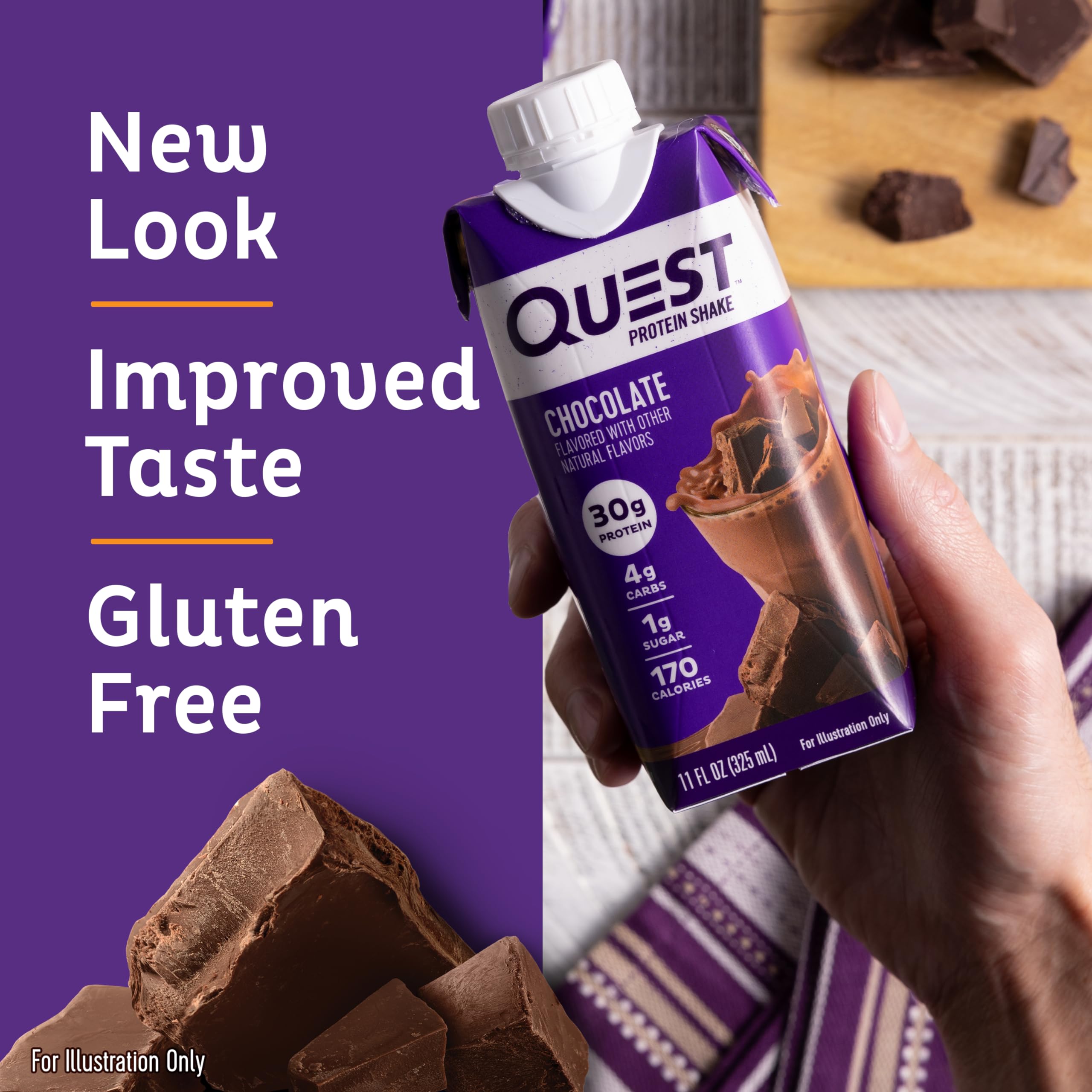 Persona sosteniendo Quest chocolate listo para tomar, ideal para llevar y consumir