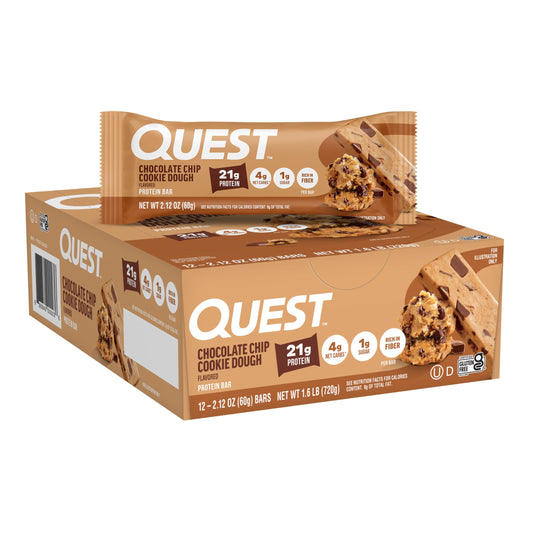 Quest frente del empaque mostrando caja de 12 barras y conveniencia
