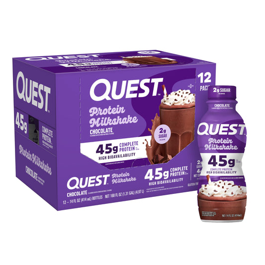 Quest botella frontal chocolate mostrando diseño y beneficio práctico