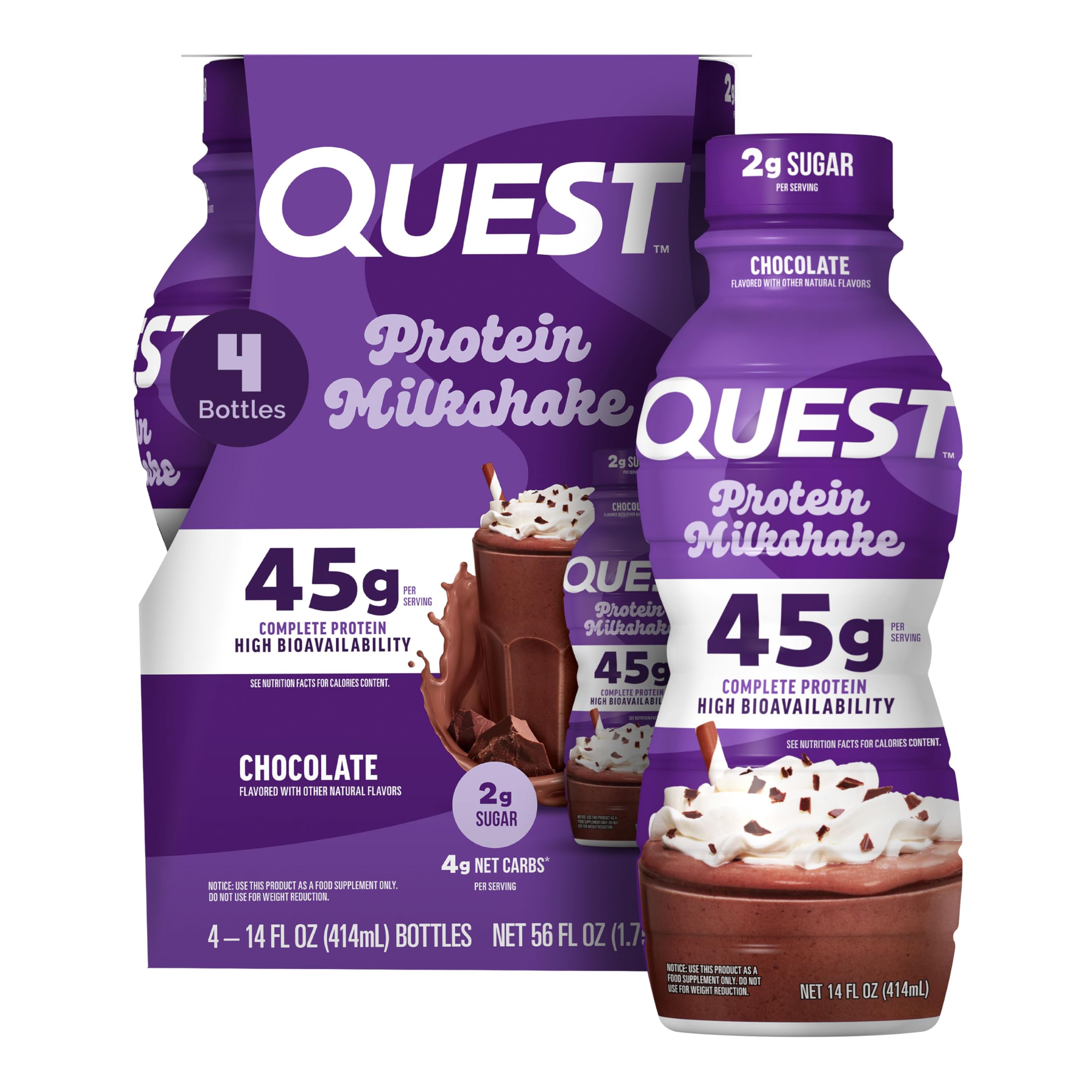 Quest botella frontal con sabor chocolate mostrando diseño y conveniencia