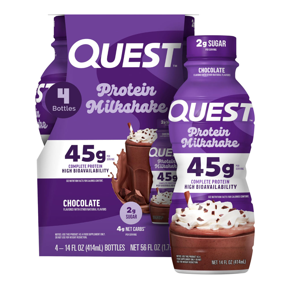Quest botella frontal con sabor chocolate mostrando diseño y conveniencia