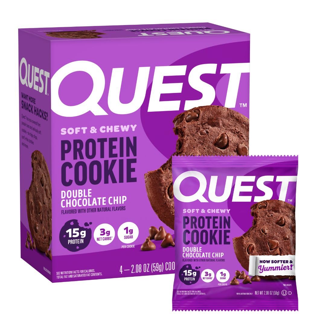 Quest galleta frontal en caja mostrando 4 unidades y etiqueta nutricional