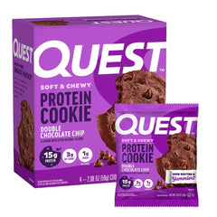 Quest galleta frontal en caja mostrando 4 unidades y etiqueta nutricional