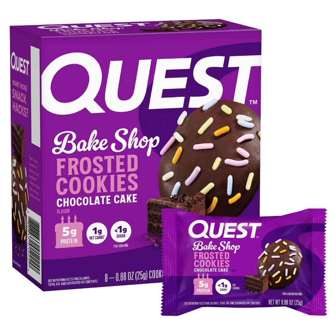 Quest galleta Frosted frontal paquete mostrando 8 unidades y conveniencia