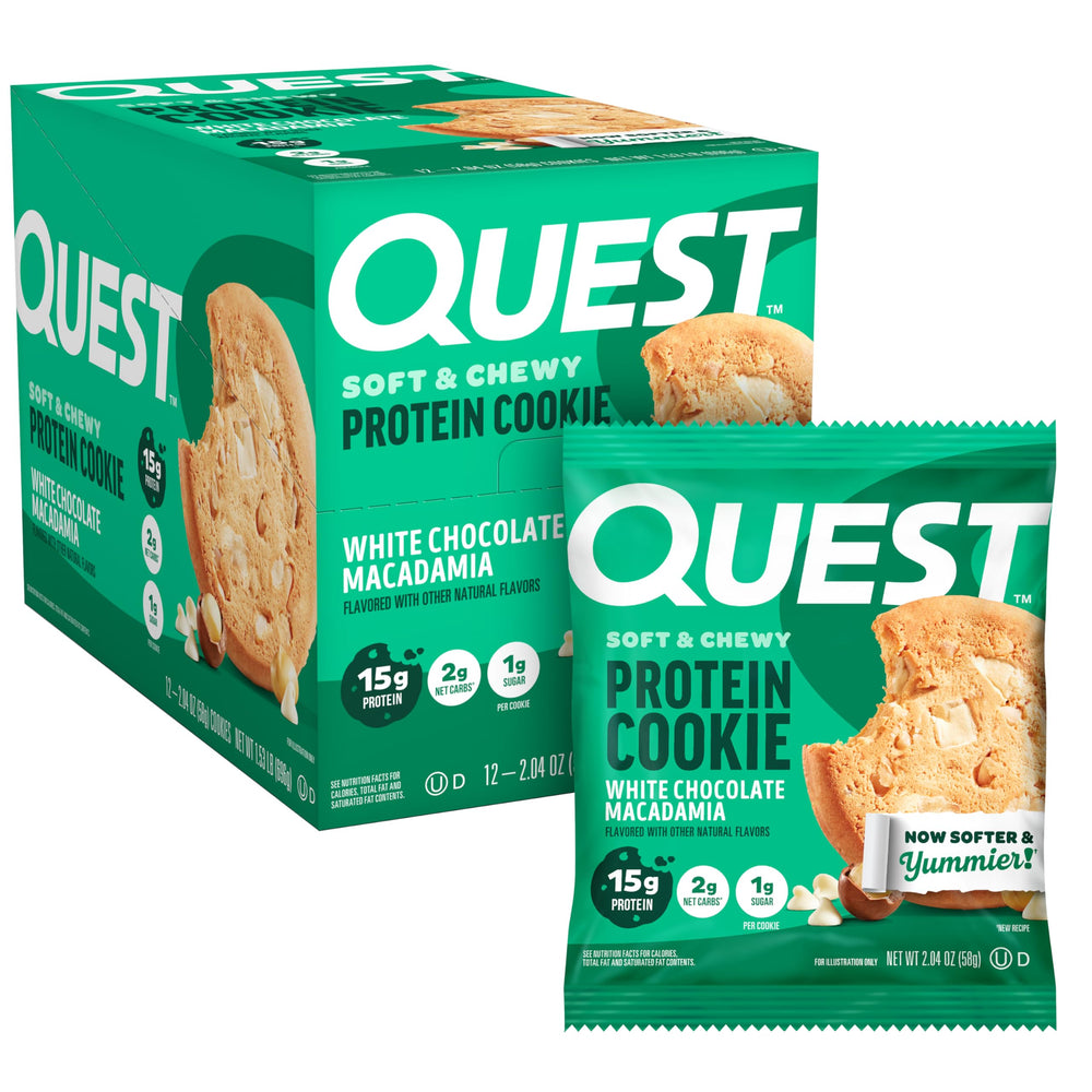 Quest empaque frontal de caja 12 unidades mostrando galleta y beneficios proteicos