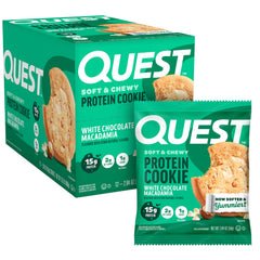 Quest empaque frontal de caja 12 unidades mostrando galleta y beneficios proteicos