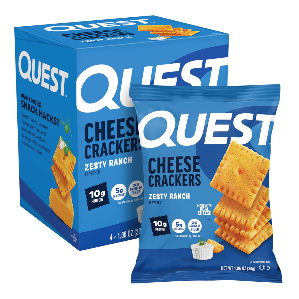 Quest empaque frontal muestra sabor zesty ranch y porción portátil