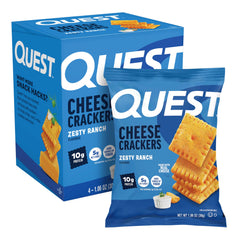 Quest empaque frontal muestra sabor zesty ranch y porción portátil