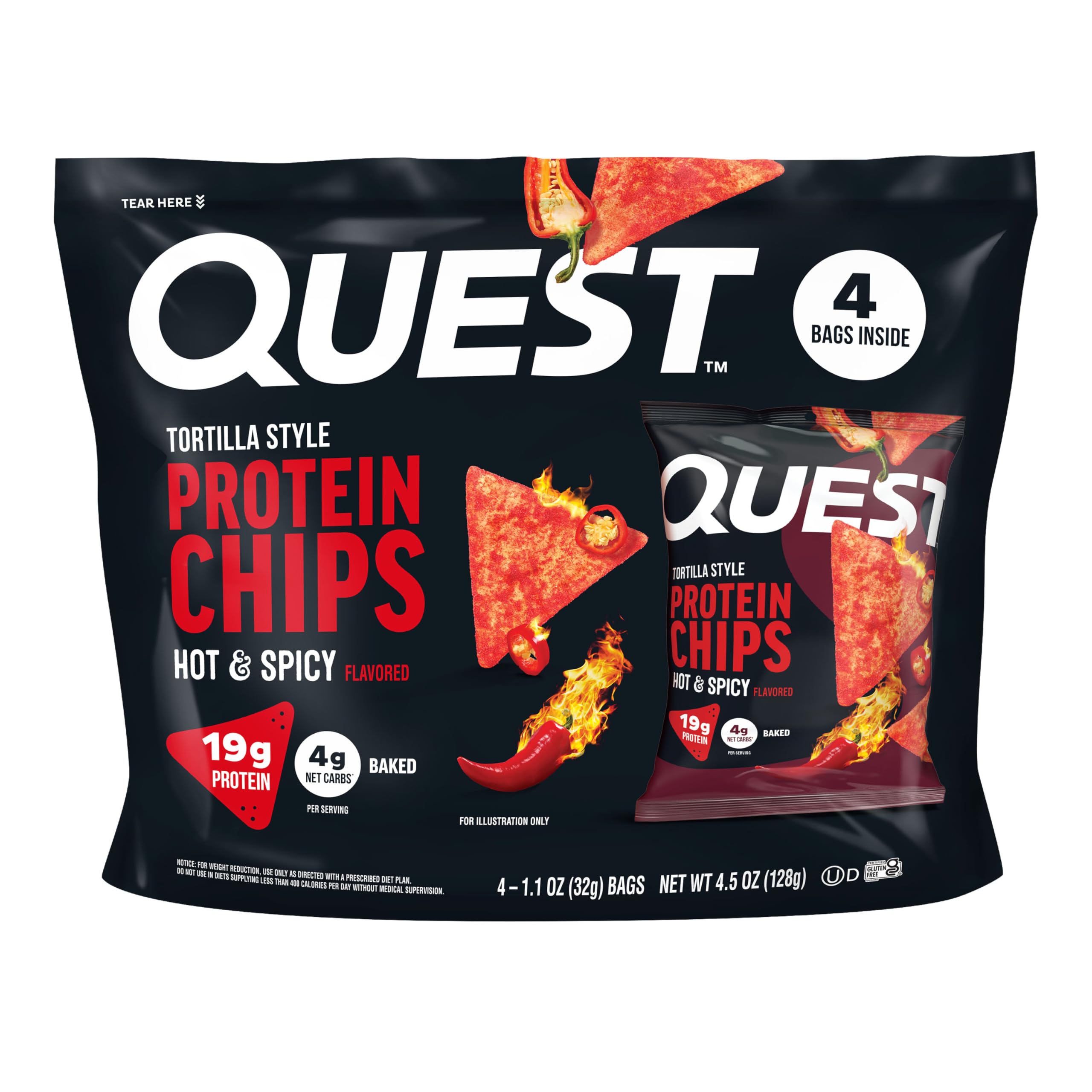Quest bolsa frontal mostrando diseño y sabor Hot & Spicy, ideal para reconocer el producto