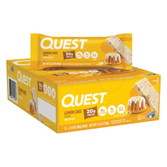 Quest empaque frontal Lemon Cake mostrando 12 barras y beneficios nutricionales
