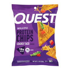 Quest empaque frontal de Loaded Taco con información y ventaja proteica