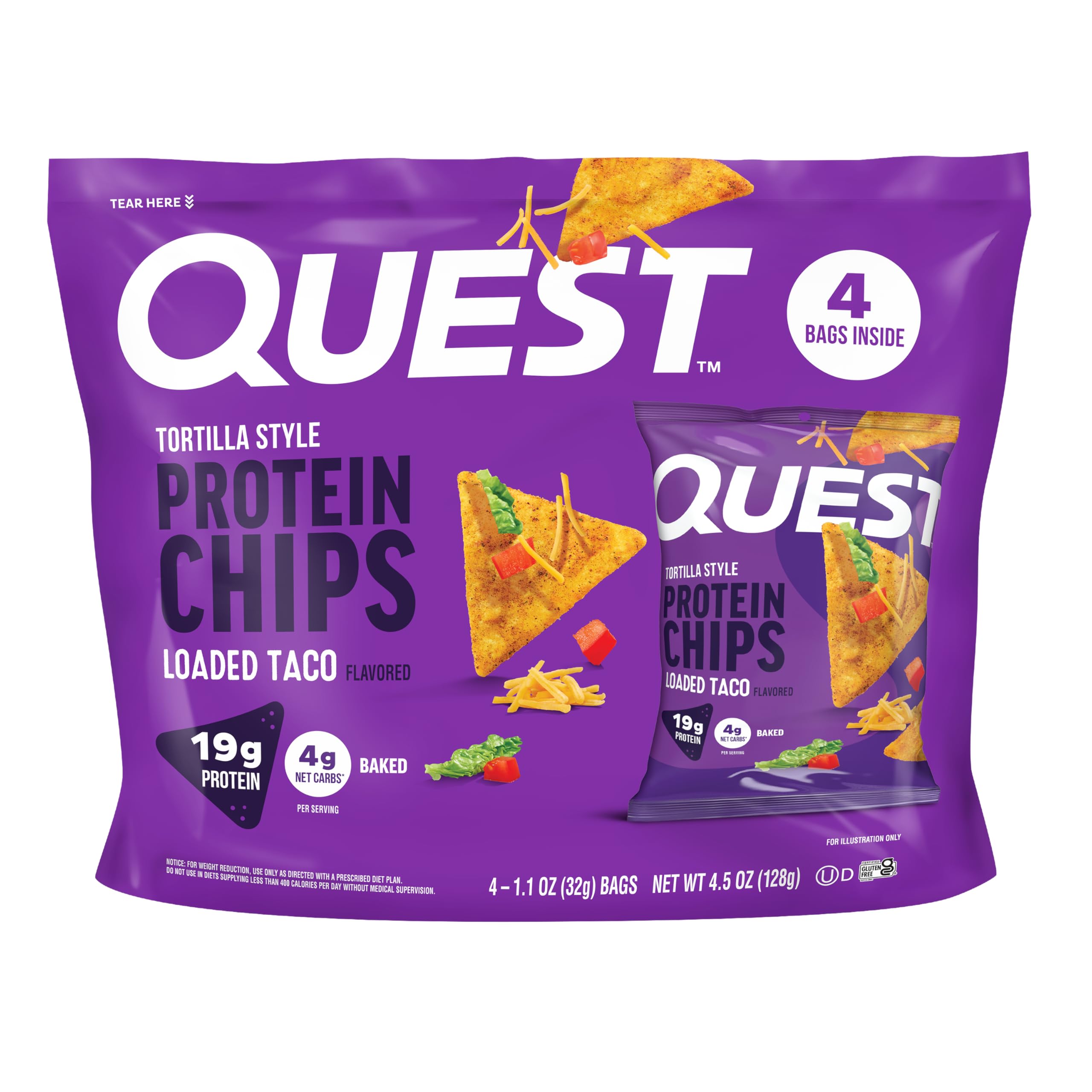 Quest empaque frontal sabor Loaded Taco mostrando porciones individuales y conveniencia