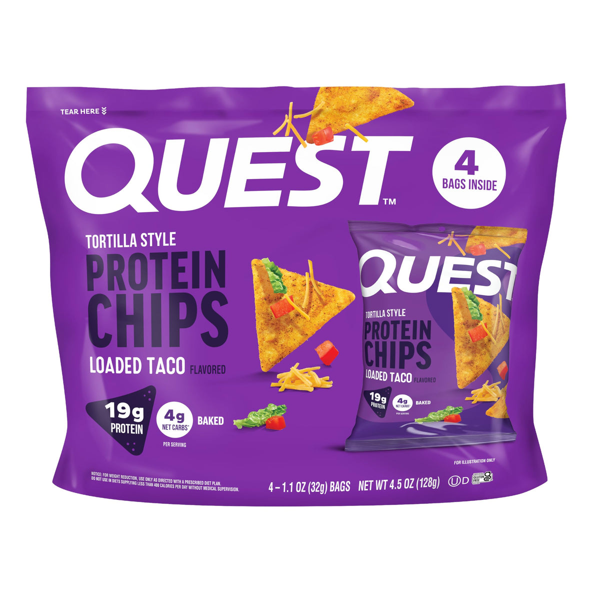 Quest empaque frontal sabor Loaded Taco mostrando porciones individuales y conveniencia